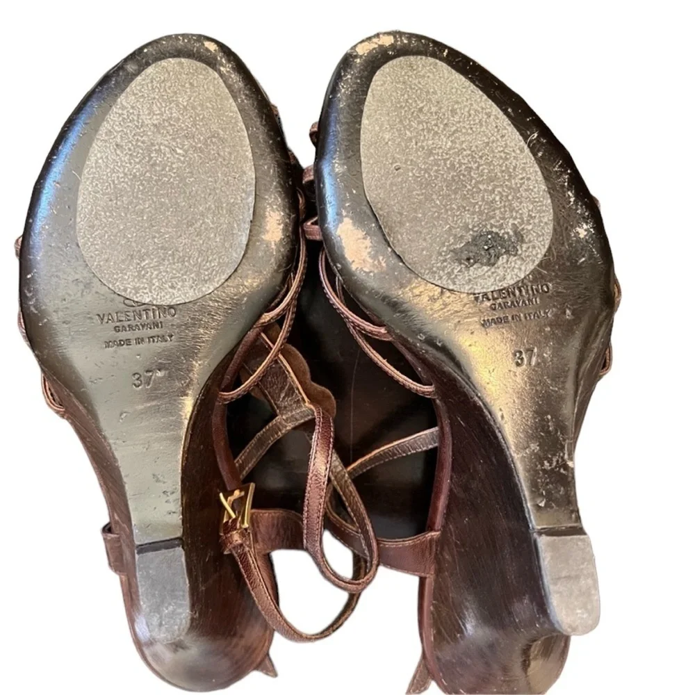 Valentino Garavani Brown Leather Embellished Wedges